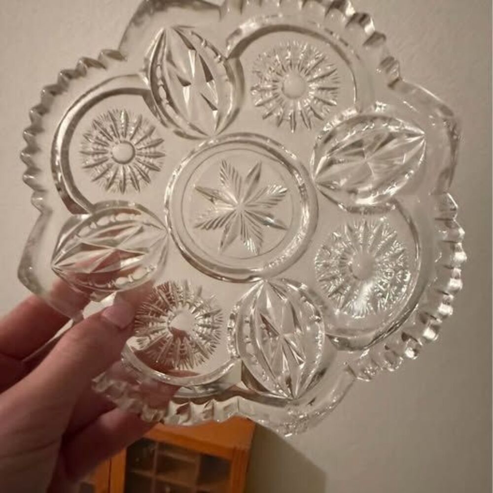 Vintage Cut Crystal Dish / Coaster – Starburst Pattern, Heavy Glass